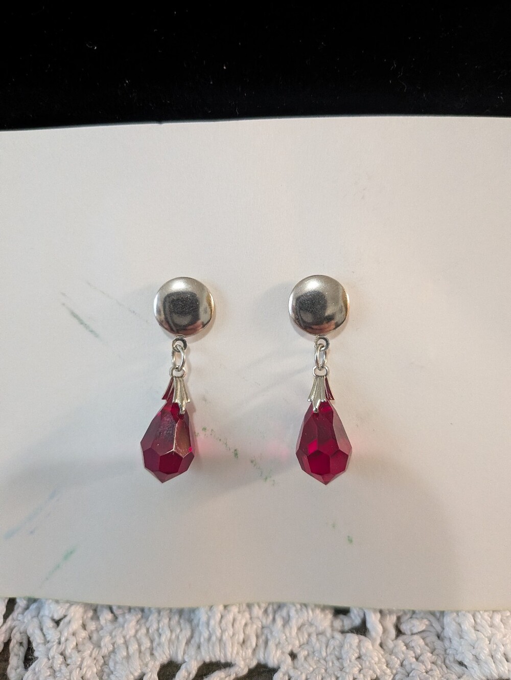 Silver Drop Earrings with Deep Red Crystal Teardrops